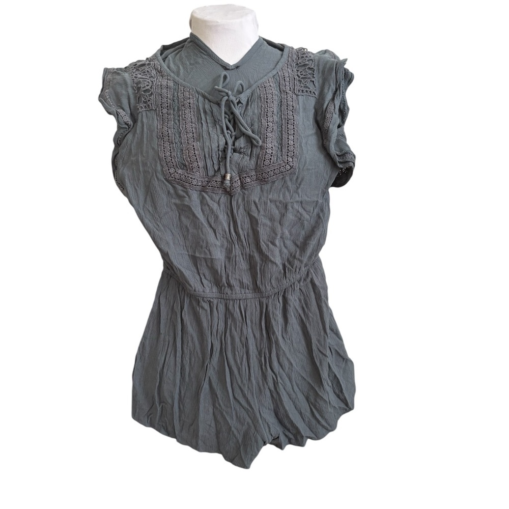 American Eagle Boho Lace Up Romper Crochet Detail Grey XS